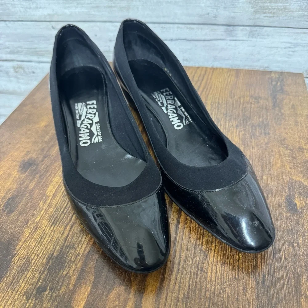 Salvatore Ferragamo Black Wedge Flats Shoes Women’s Size 6.5 B Patent Leather